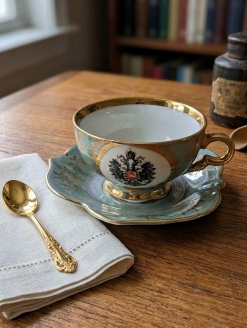 Gold-Trim Green Porcelain Teacup and Leaf Shaped Saucer - Decorative Home Accent